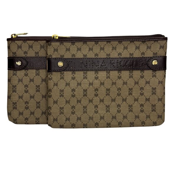 Nina Ricci Beige Brown Monogram Clutch Makeup Travel Bag Set of 2 Zipper Closure - Picture 1 of 13